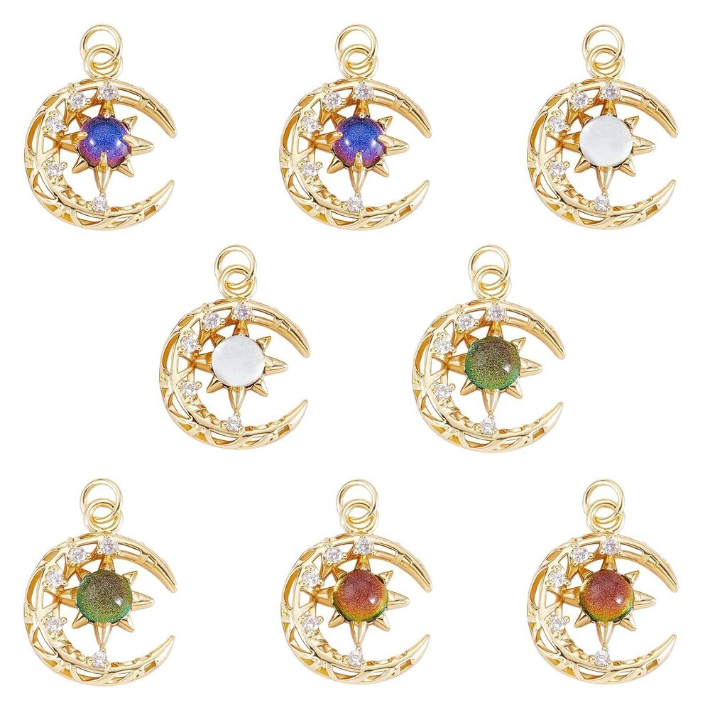 3318 8Pcs Brass Cubic Zirconia Glass Charms Pendants with Jump Ring Moon